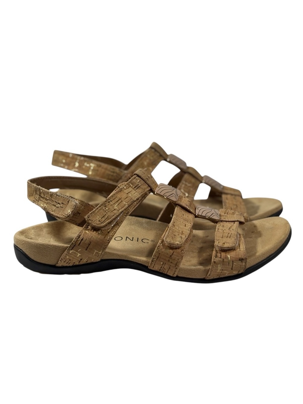 Vionic Amanda Tan Gold Adjustable Strap Cork Enamel Trim Sandals 8 - Picture 3 of 9